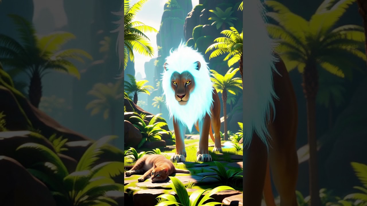 A futuristic cat, its mane glowing faintly, standing still in a glowing techno-jungle,