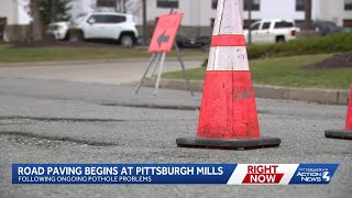 Pothole Saga: Paving crews worked to patch some spots at Pittsburgh Mills Mall Monday