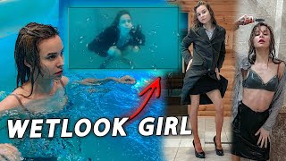 Heels and coat got completely wet in the pool | Wetlook girl