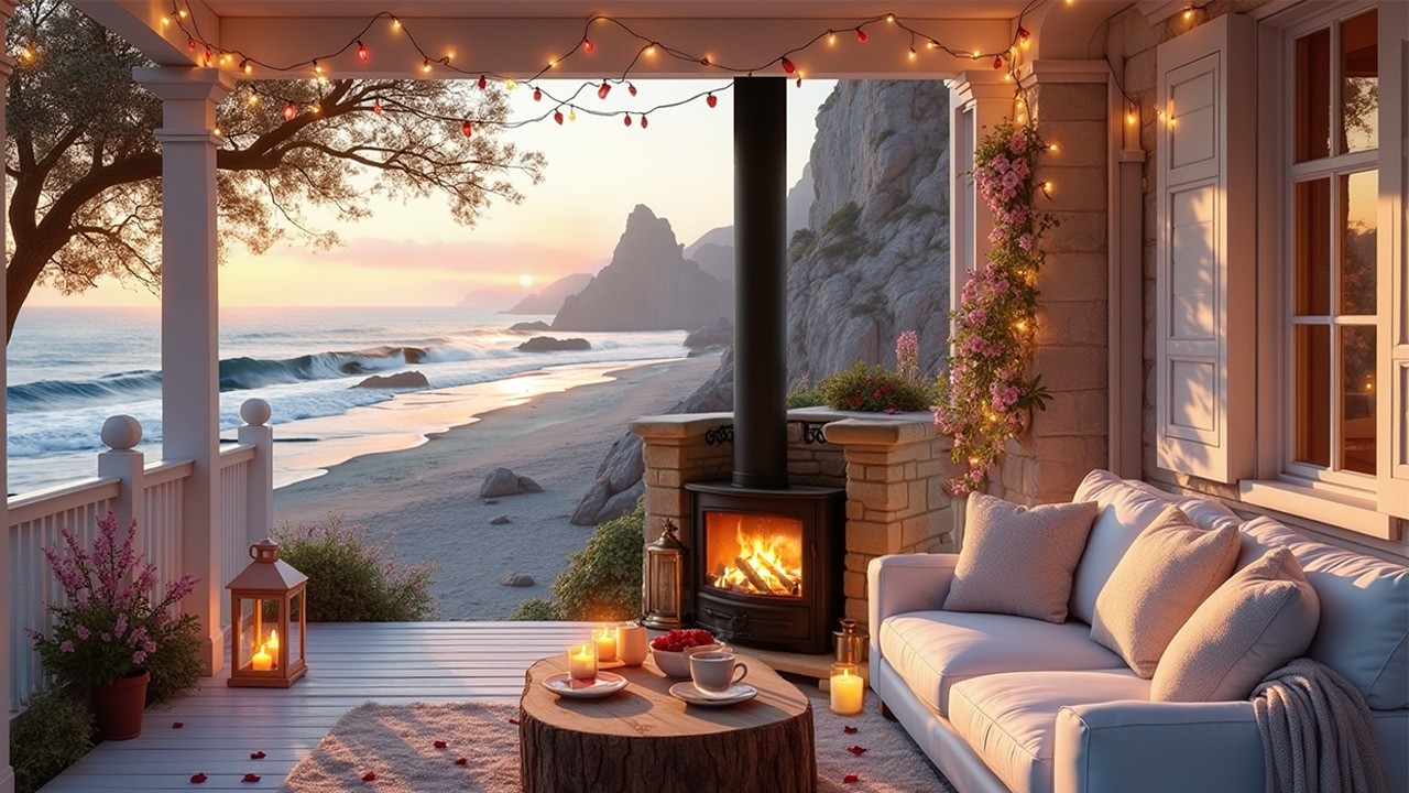 🌊🌸 Seaside Cabin Escape | Spring Ambience with Fireplace, Ocean Waves & Gentle Birdsong ✨🔥🐦