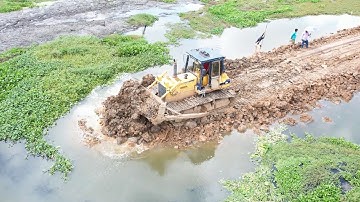 Ultimate Road Build Over Big Lake Skills Operator Bulldozer Dump Truck Pushing Unloading Into Water