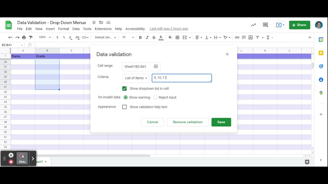 Data Validation - Drop Down Menus in Google Sheets - YouTube