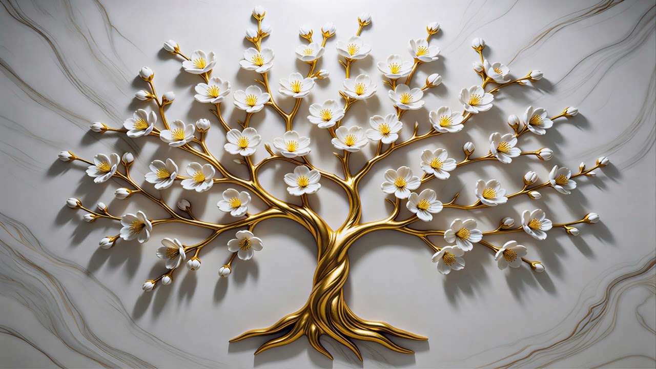 Luxury wall art, elegant golden tree smooth metallic trunk white cherry blossom flowers , Jazz music