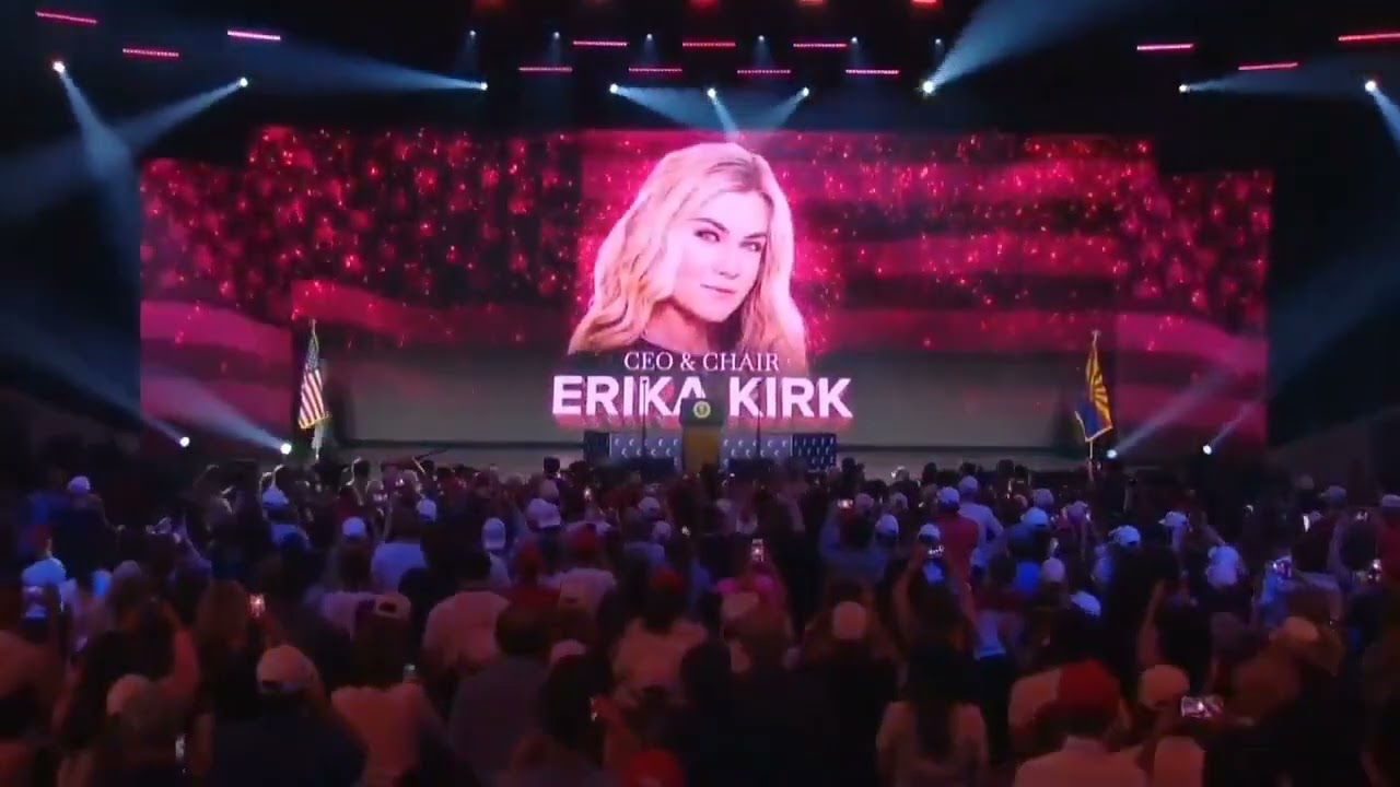Erika Kirk makes ANOTHER WWE-style entrance today. She even has a theme song 😭