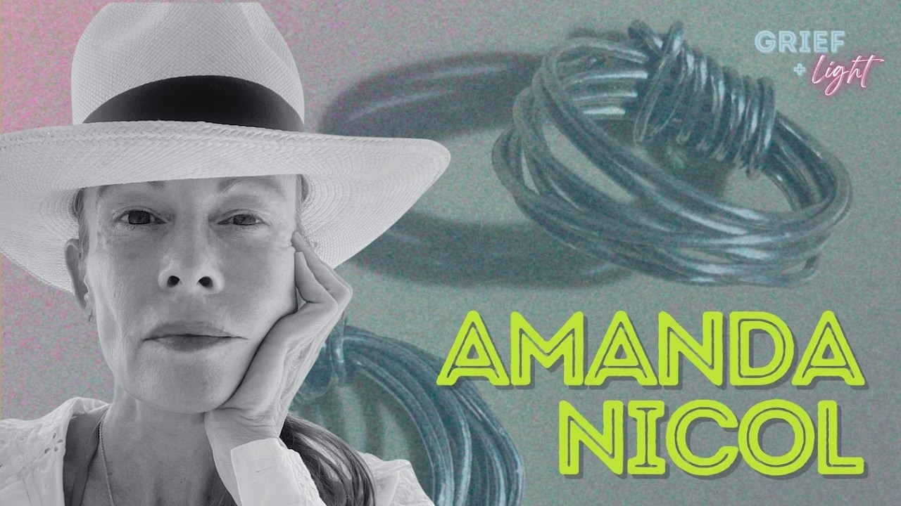 Image of a woman with a panama hat. handmade jewelry in the background. grief and light logo on the top right. Amanda Nicol's name in neon green letters.