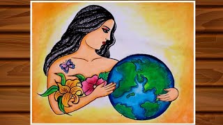 Mother Earth Drawing / How go draw Mother Earth with pastel color / Save earth drawing