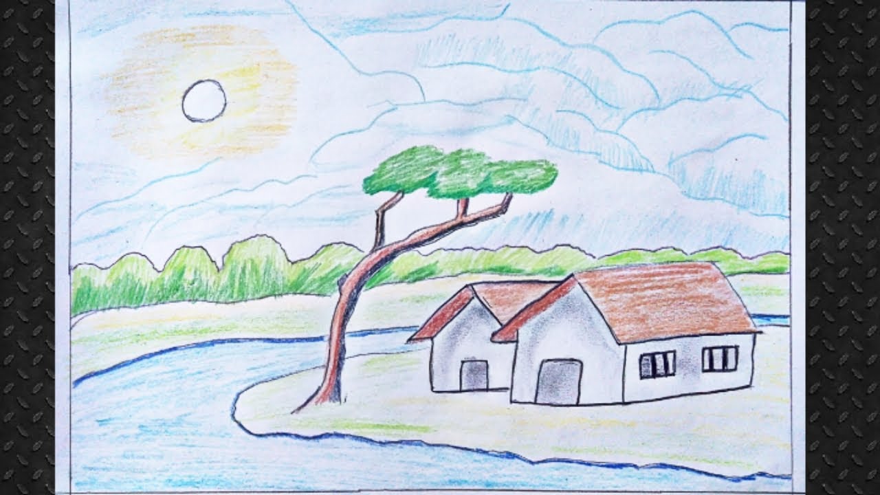 How to draw easy scenery with pencil colour। How to draw hut house ...