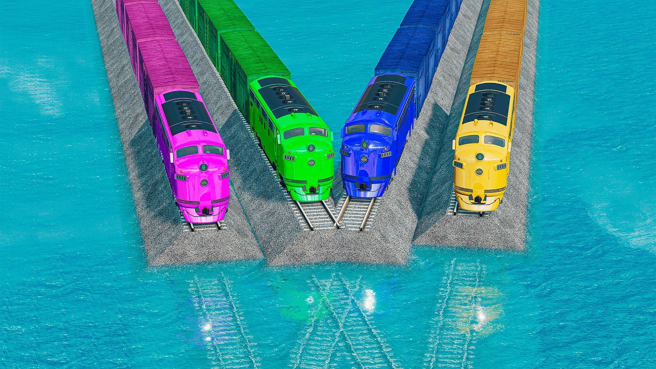 Triple Train Vs Colorful Quadruple Trains vs Impossible Rail Track Crossing Deepwater | BeamNG.drive