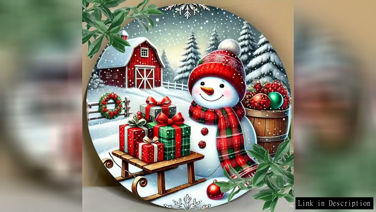 [Christmas Snowman Wall Art] Christmas Snowman & Gifts Round Wall Art, 7.8" Iron Metal Sign with Hap