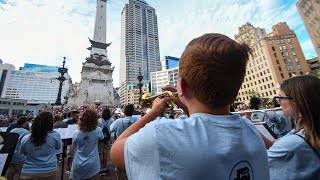 DCI ensembles perform on Indy's iconic Monument Circle
