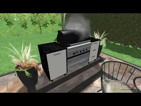 Cour arrière – Cuisine extérieure et patio | Sobre, pavés beige et cabanon blanc
