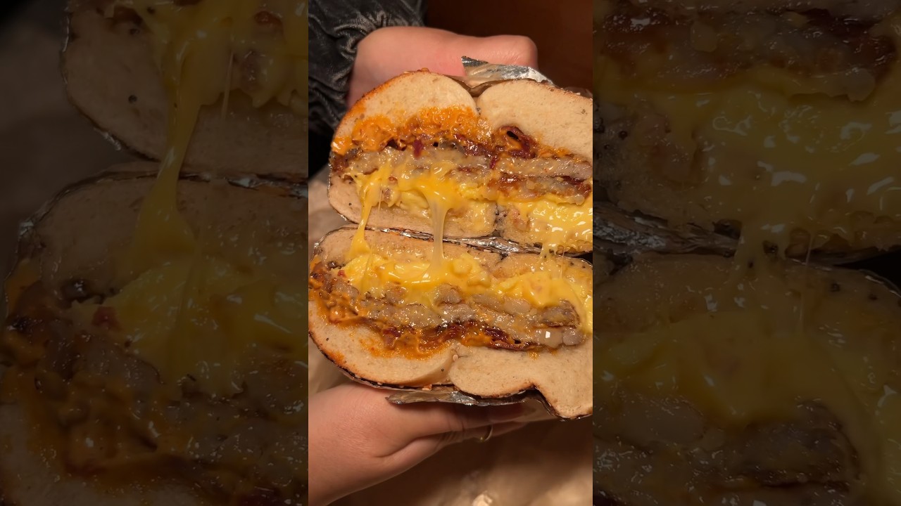 The HUNGRY STACK BAGEL SANDWICH from Best Bagel and Coffee NYC! 🥯🥓🍳🥔🔥🤤#DEVOURPOWER