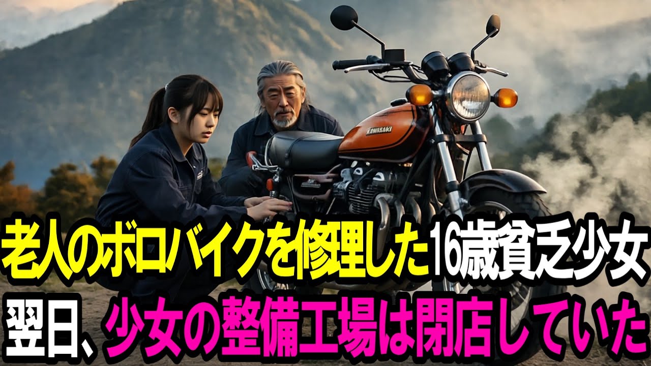 山道でお爺さんのボロバイクカワサキZ1を修理した16歳貧乏少女。翌日、彼女の整備工場は閉店していた...