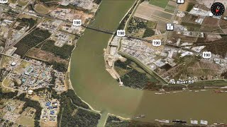 Flood water flanking point making Upper Baton Rouge bridge