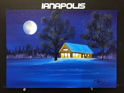 #225 How to paint a moonlit cabin at night in the snow