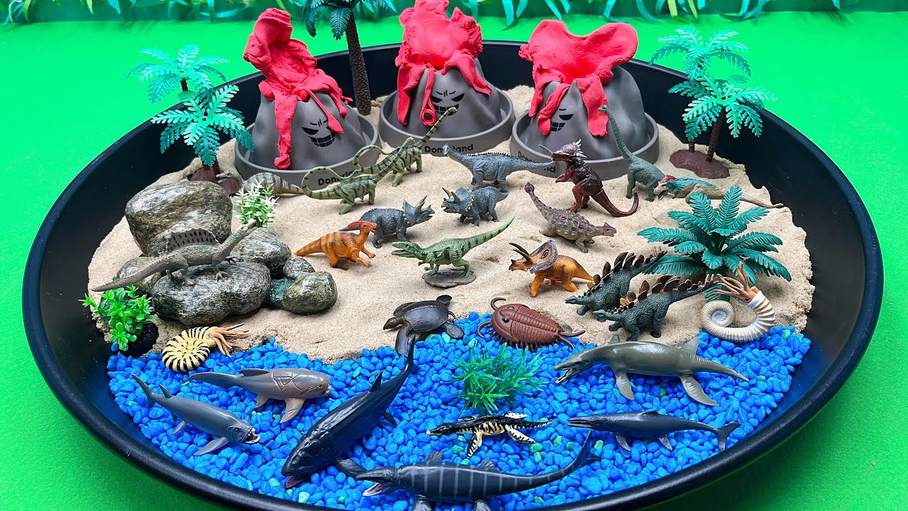 Dinosaur Small World With 3 Volcano | Diorama For Dino In Black