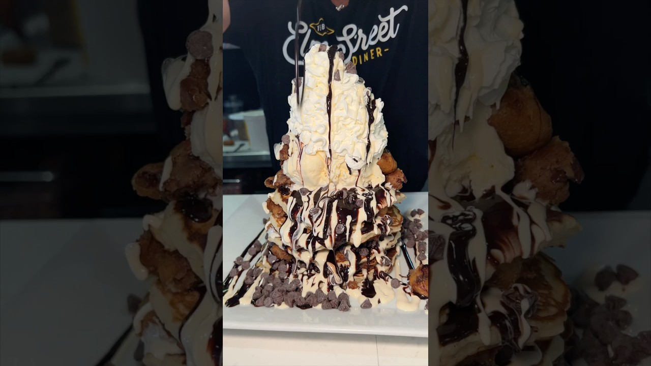 The COOKIE DOUGH PANCAKE STACK from Elm Street Diner in Stamford and Norwalk, CT! 🤤🤤#DEVOURPOWER