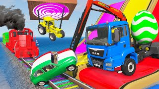 Funny Cars vs Mini Tractor Transporting Monster Truck  Cars vs Deep Water  BeamNG Drive