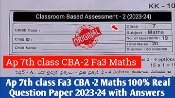 💯real Ap 7th class Fa3 CBA-2 Maths question paper 2023-24 with answers|7th maths Fa3 answer key 2024