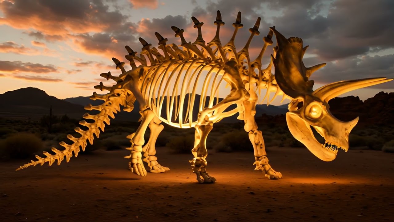 Glowing Triceratops Skeleton in a Desert Sunset | Cinematic Prehistoric Scene