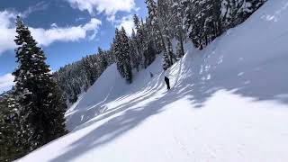 Snowboarding Red Dog Trail at Palisades Tahoe on March 25,2024.