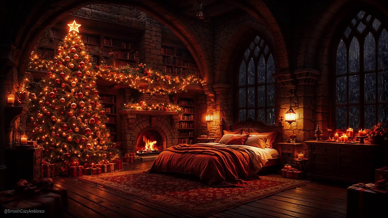 Peaceful Christmas Castle Night Rain & Thunderstorm Ambience