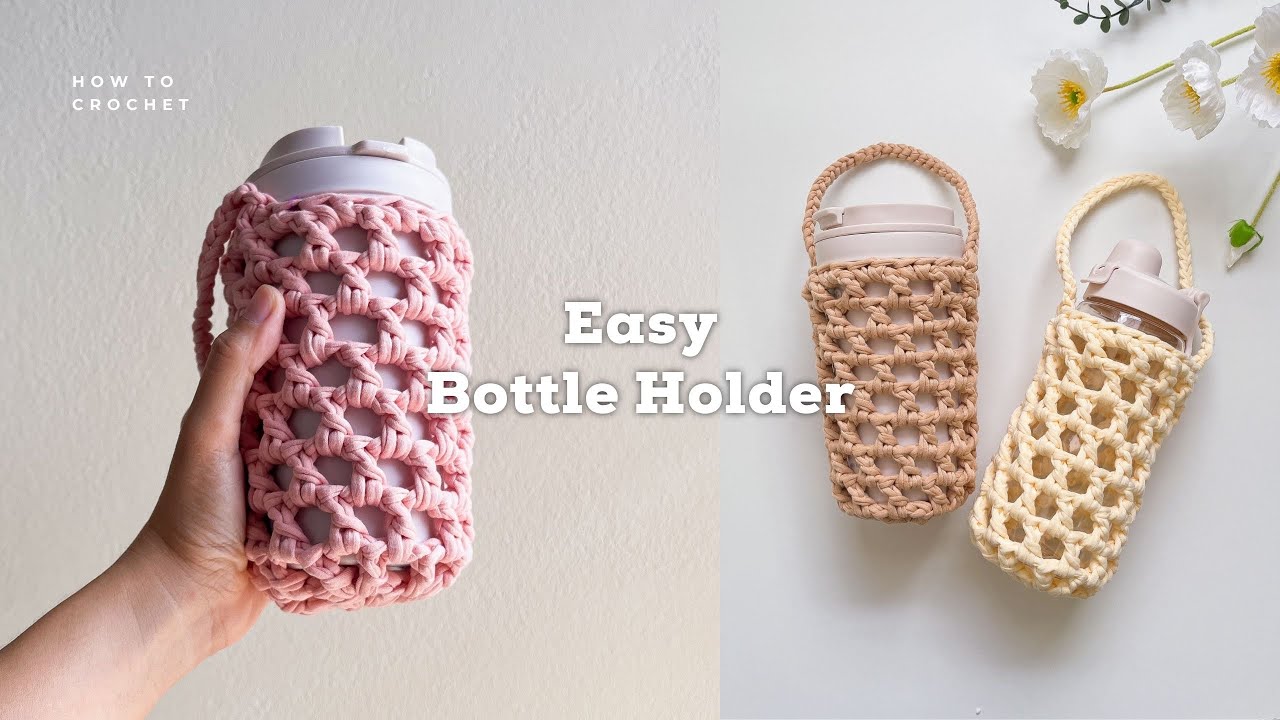 Crochet Water Bottle Holder by T-Shirt Yarn | Beginner Friendly
