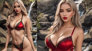 Exotic Ai Models In Lingerie Posing Near A Waterfall | Ai Art Lookbook | Ai Beauty And Art