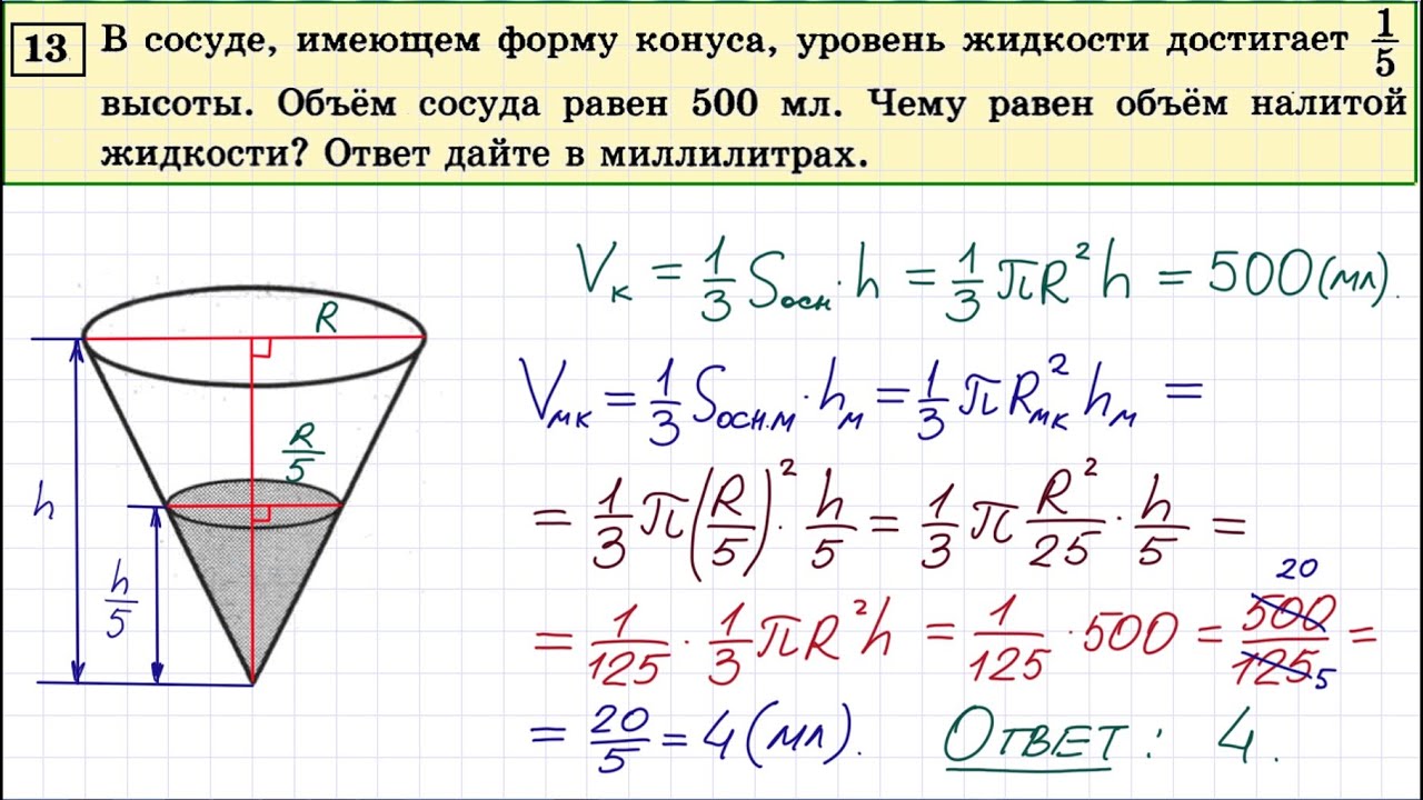 Объемы егэ математика база. Объем налитой жидкости в конусе. Объем сосуда конуса. Объем сосуда. Конус задачи с решением.