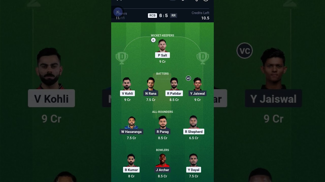 RCB VS RR DREAM11 FANTASY TEAM 