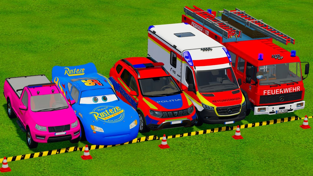 FORD, MCQUEEN CAR سيارة ماكوين DACIA POLICE CARS, AMBULANCE EMERGENCY TRANSPORTING WITH TRUCKS! #1