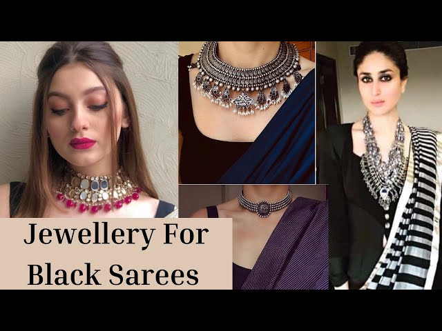 Black Choker Necklace with Earrings for Saree by FashionCrab® 