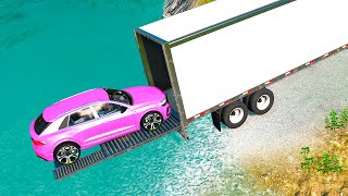 Long Dry Van Truck with a Car Lift Car Rescue - Cars vs Deep Water - BeamNG.Drive