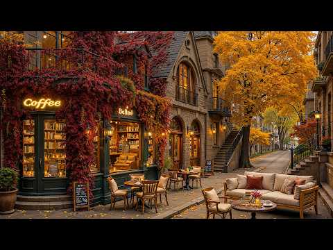 Morning Autumn Café Ambience 🍂 Relaxing Fall Jazz Music at Outdoor Coffee Shop for Work, Study