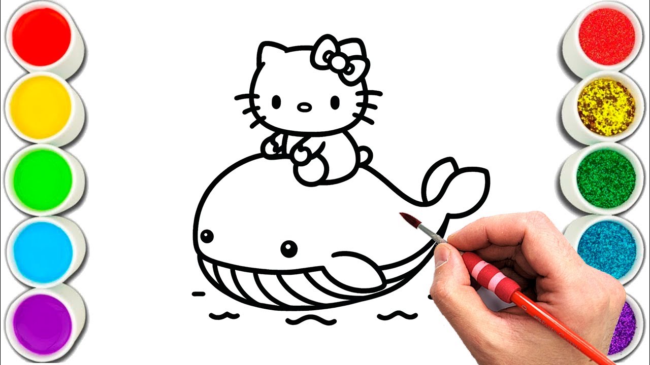 Hello Kitty riding on a Whale Drawing, Painting & Coloring For Kids and ...