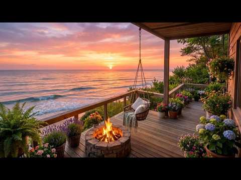Sunset Serenity by the Ocean 🌅🌊 | Relax on the Porch with Waves, Firelight, and Calm Ambience