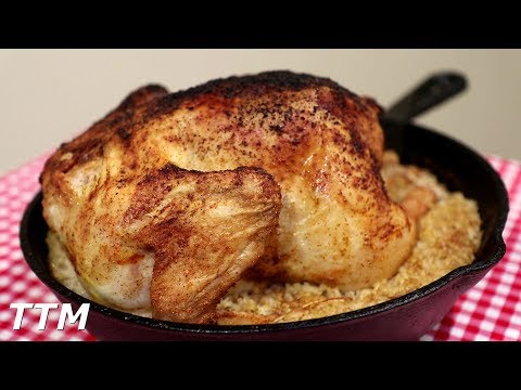 baked-whole-chicken-and-rice-in-a-cast-iron-skillet~easy-cooking