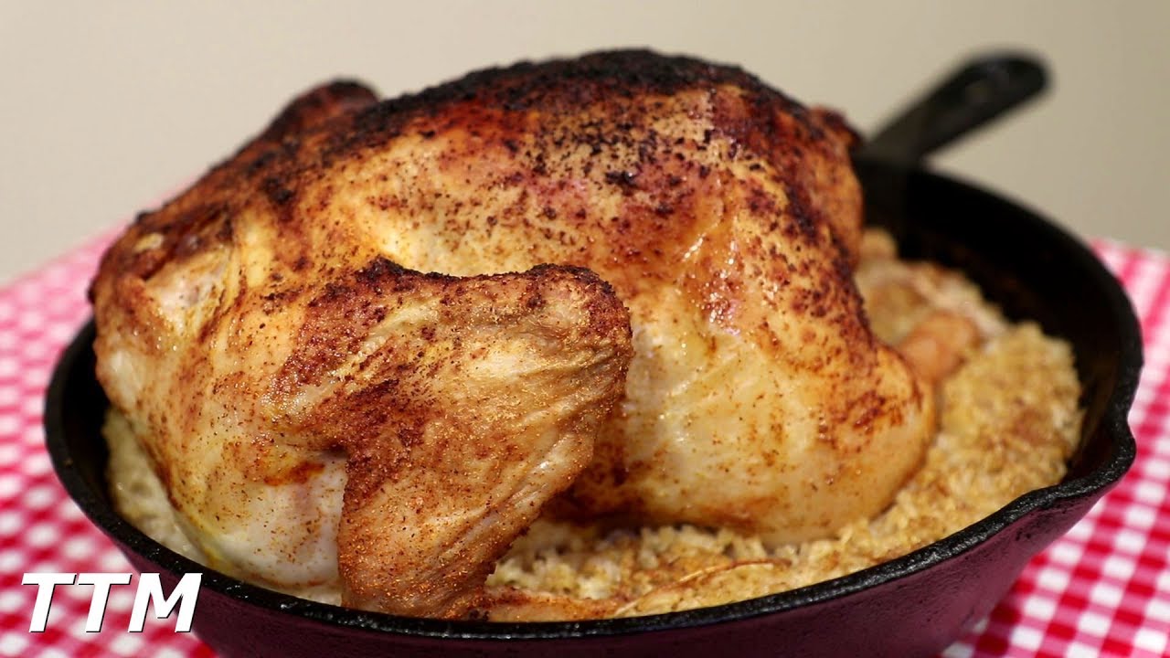 Baked Whole Chicken And Rice In A Cast Iron Skillet Easy Cooking Youtube
