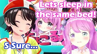 Luna got Subaru to sleep in the same bed w/ Choco Botan watching [hololive/ENG Sub]