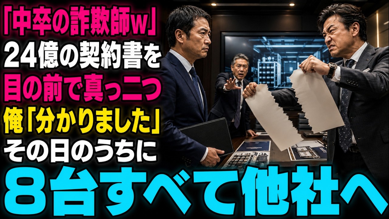 「中卒の詐欺師は出ていけ。こんな契約は無効だ」——営業部長がそう吐き捨てると、俺の目の前で二十四億円の契約書を真っ二つに破り、床に投げ捨てた。三ヶ月かけて完成させた八台の検査装置。役員会も承認済みだった。愛知の小さな会社で営業課長をしている俺は、中卒だ。母が倒れ、高校に行けなかった。それでも二十年、現場で技術を磨いてきた。だが彼は俺の話を聞こうともしなかった。翌朝、スマートフォンには百件を超...