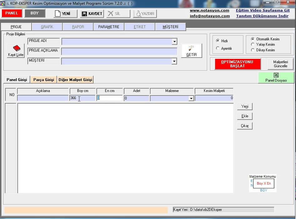 KopEksper Firesiz Kesim Programı (Malzeme Tipi)