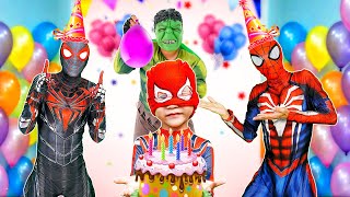 TEAM SPIDER-MAN in REAL LIFE || KID SPIDER MAN Popping Balloons \& Happy Birthday (LIVE ACTION STORY)