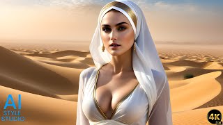 4K AI Art Lookbook Video of Curvaceous Arabian AI Girl with White and Gold Dress