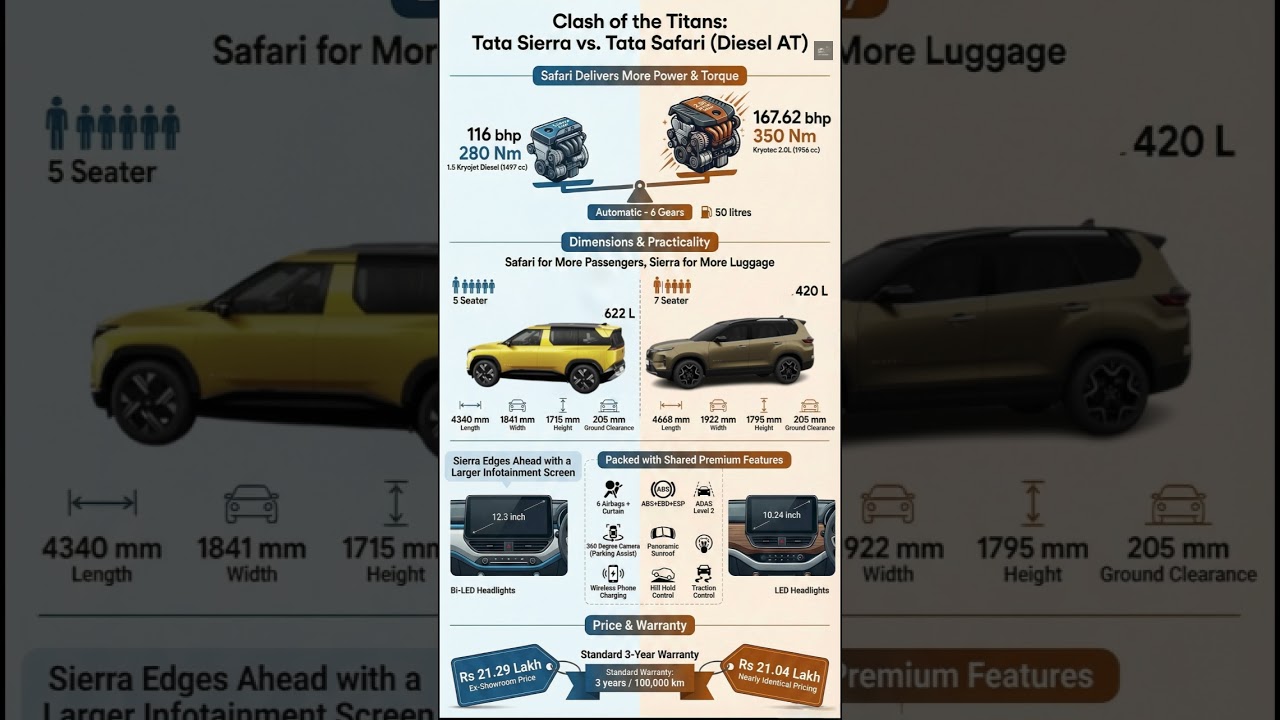 Tata Sierra vs Tata Safari Diesel AT 😱 Same Price, Alag Game! | SUV Comparison 2025 