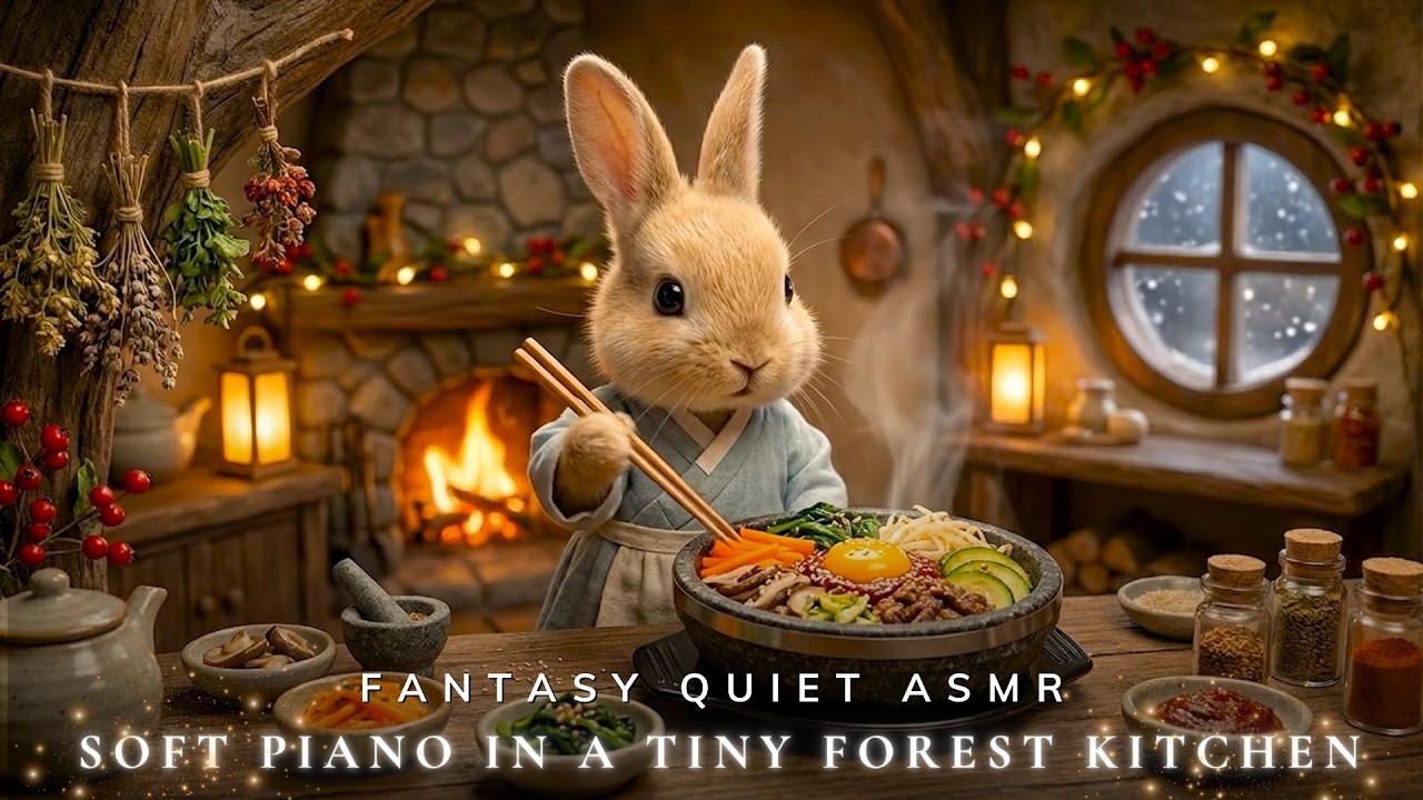 Soft Piano in a Tiny Forest Kitchen 🌿🐰 Fireplace Sounds for Focus, Reading & Sleep