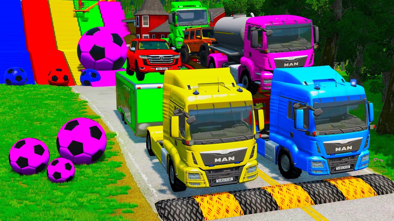 TRANSPORTING PIXAR CARS & FRUITS WITH COLORED & JOHN DEERE vs CLAAS vs TRACTORS - BeamNG.drive 
