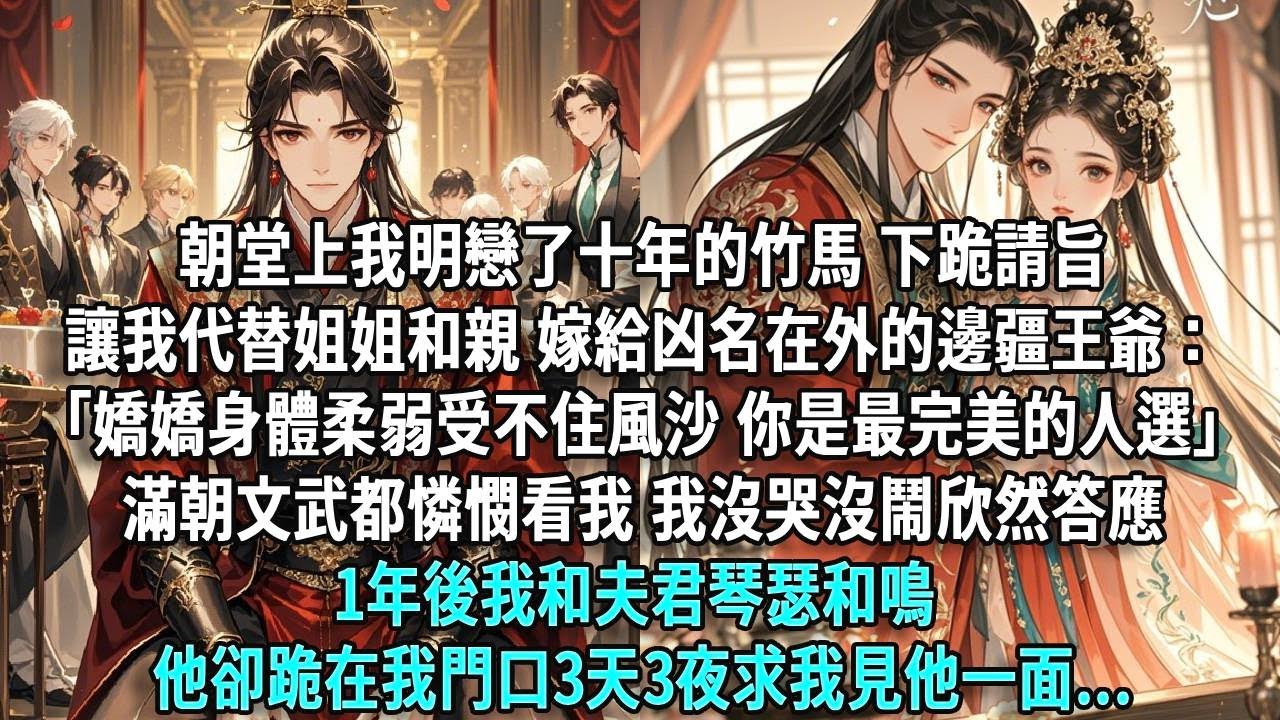 朝堂上我明戀十年的竹馬，下跪請旨讓我代替姐姐和親，嫁給凶名在外的邊疆王爺：「嬌嬌柔弱受不住風沙，你是最完美的人選」滿朝文武都憐憫看我，我沒哭沒鬧，盈盈下跪：「父皇，女兒願意。」出嫁那日他卻求我留下……