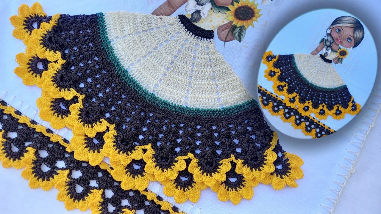 SAIA DE CROCHÊ GIRASSOL PARA BONECA PINTADA NO PANO DE PRATO 🌻