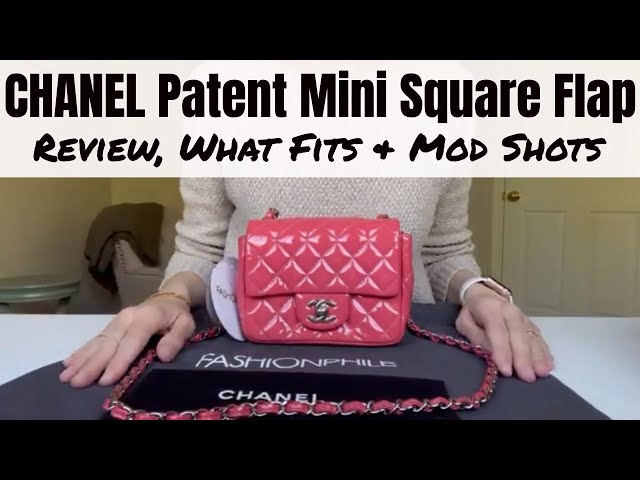 CHANEL Patent Mini Square Flap Bag Review, What Fits and Mod (Body) Shots 