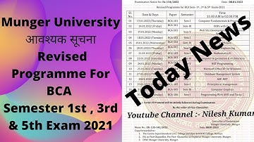 Munger University Revised Program For BCA Semester 1st , 3rd and 5th Exam - 2021